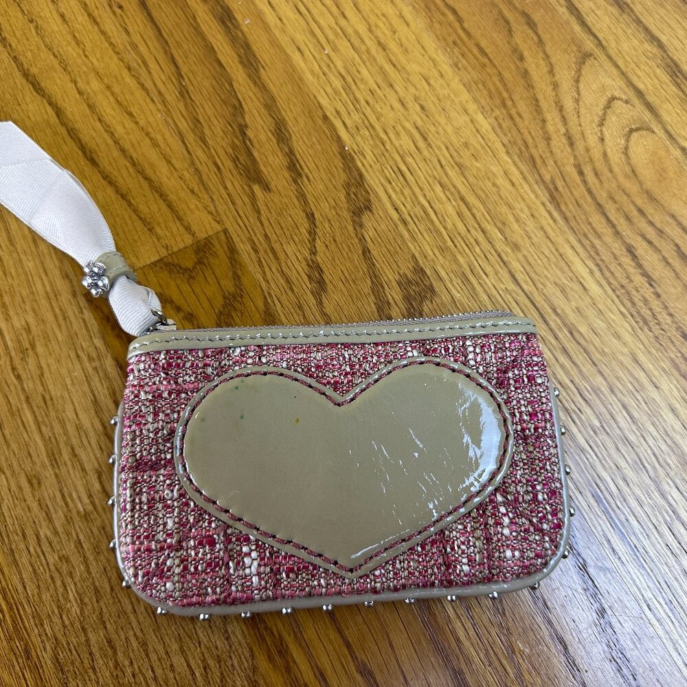 Brighton Change/coin purse. Cloth, studs, vinyl heart zips ,Pink & cream tweed